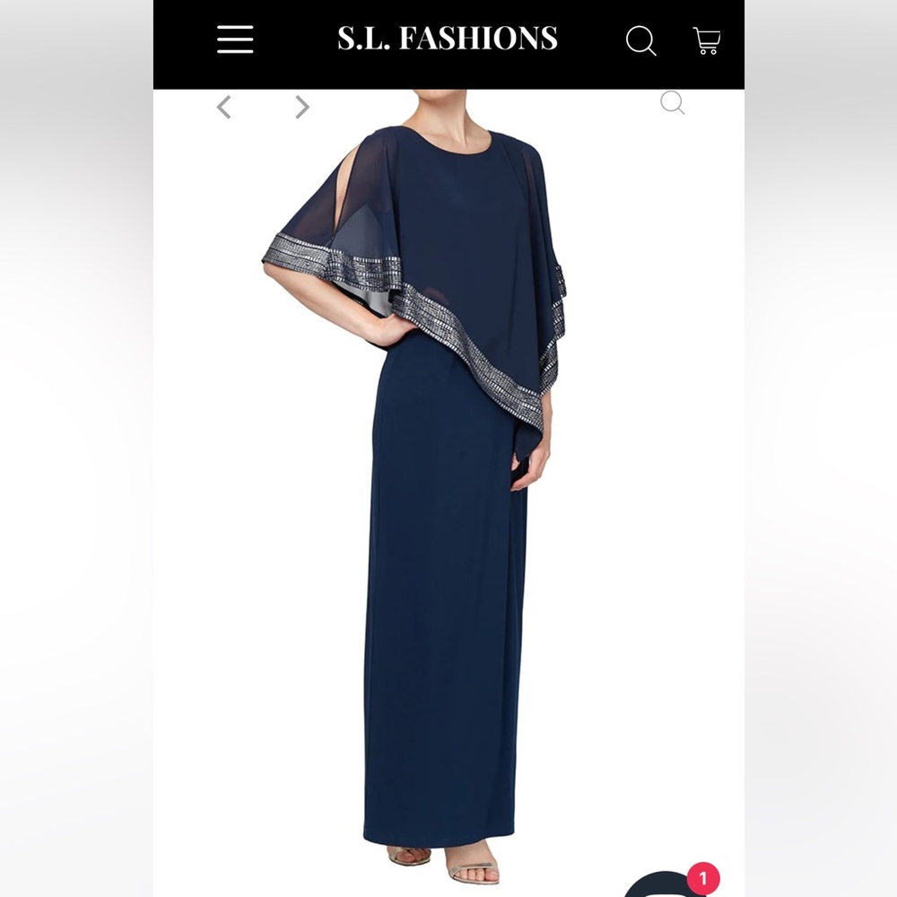 Jersey Column Dress with Asymmetrical Chiffon Cape Overlay with Metallic Trim